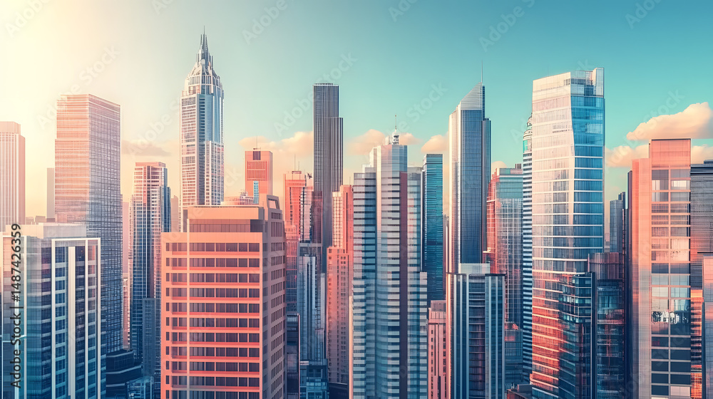 Obraz premium A city skyline with many tall buildings