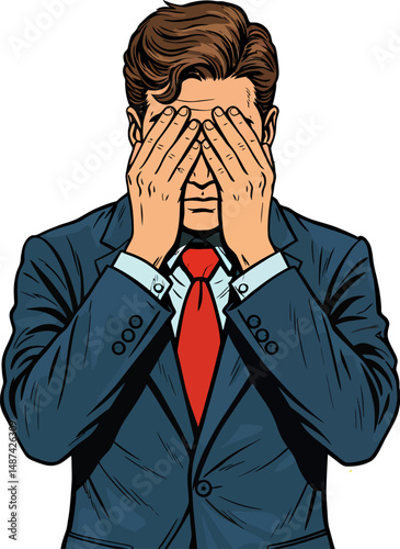 Businessman Covering Eyes  Stress, Denial, or Avoiding Reality in Corporate World