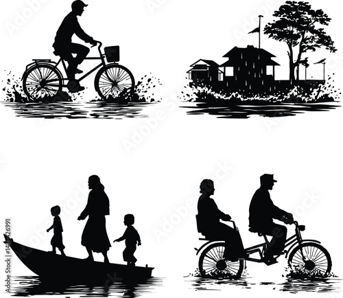 Minimalist Black and White Silhouette Vector Illustrations Featuring Bicycle Riders, Floating Houses, and People on Boats in Water