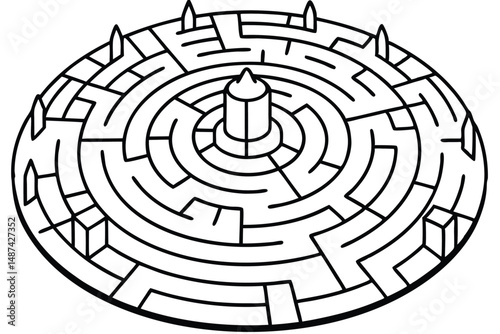 Black and white round maze features a central tower and complex pathways