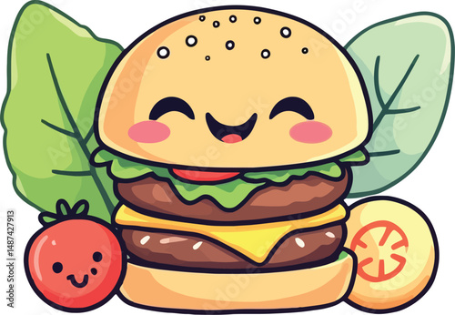 Smiling Cartoon Hamburger with Tomato Friends – Cute Food Character with Cheese, Lettuce, and Sesame Seed Bun