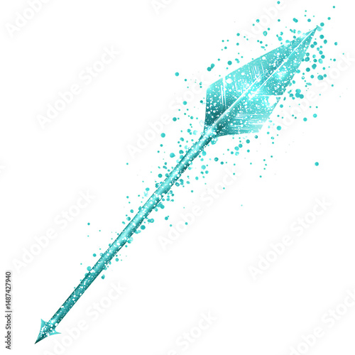 A Bioluminescent Teal Arrow with Floating Particles Isolated on Transparent Background