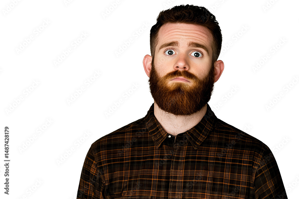 Fototapeta premium Shocked red-haired man with beard, wide eyed expression, cut out transparent