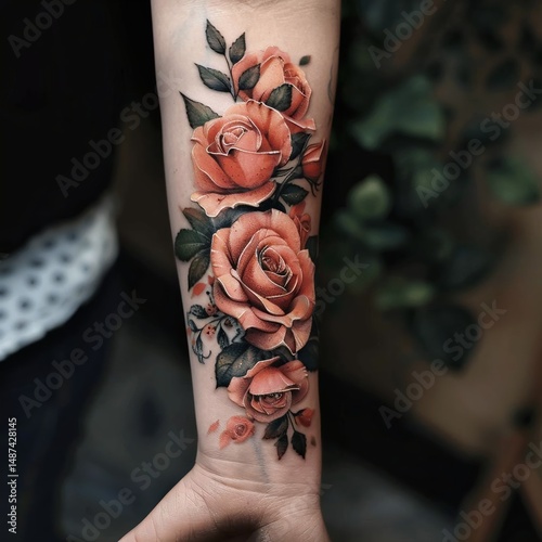 A person's arm features a vibrant, photo-realistic tattoo of three roses in full bloom.