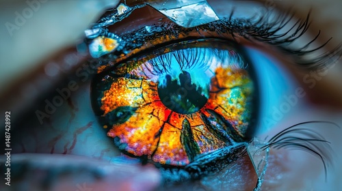 Broken Smartphone Lens Reflecting Eye with Colorful Effects