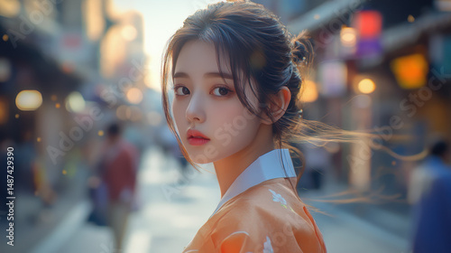 An oriental and Korean image of a young woman wearing a beautiful traditional hanbok standing in a busy city street.