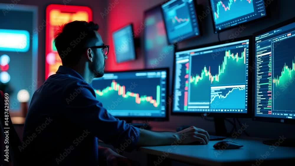 Man analyzing trading charts on multiple screens in a dark tech room, symbolizing finance, analytics, and decision making in modern markets