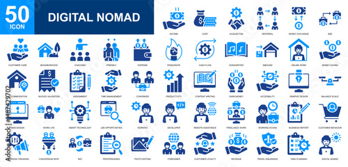 Digital Nomad icon set collection. Online working, smart work, working at home, comfort zone, professions and jobs icon. Simple glyph color vector.