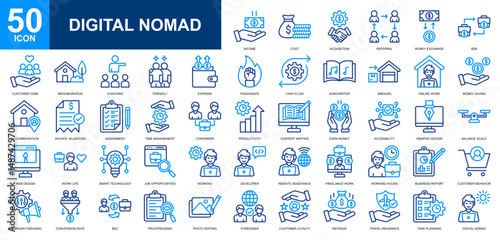 Digital Nomad icon set collection. Online working, smart work, working at home, comfort zone, professions and jobs icon. Simple line color vector.