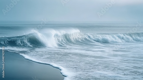 Misty Grey Ocean Waves Crashing on a Sandy Beach