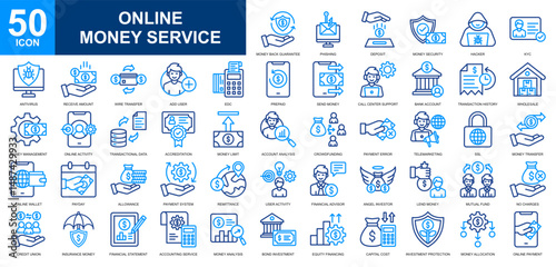 Online Money Service icon set collection. Money transfer, online transaction, digital service, online service, online banking icon. Simple line color vector.