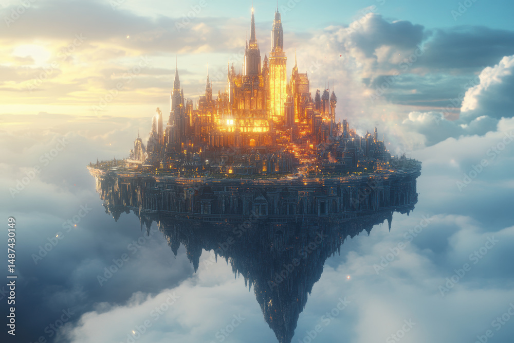 Obraz premium Celestial Citadel: An ethereal castle suspended amidst the clouds, radiating a golden glow against a backdrop of a vibrant sunrise, evokes a sense of wonder and majesty.