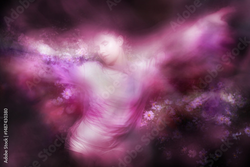Woman Wings Movement Near Pink Anemone Flowers