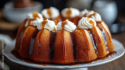 Bundt Cake with Caramel Drizzle and Whipped Cream Topping
