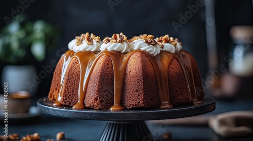 Bundt Cake with Caramel Drizzle and Whipped Cream Topping
