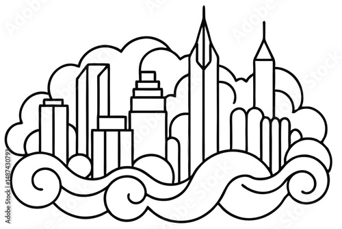 Black outline sketches of various skyscrapers surrounded by abstract cloud and wavelike shapes
