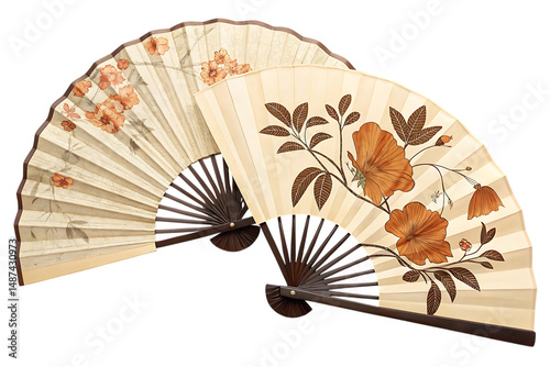 Elegant Pair of Folding Hand Fans with Floral Patterns on Black Background, Studio Shot.