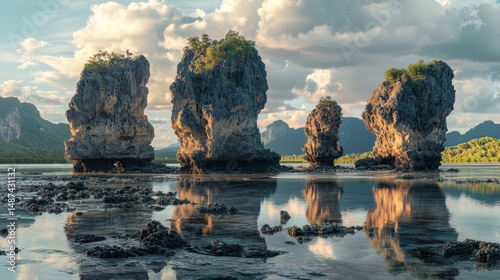 Coastal Giants: Four towering rock formations rise majestically from the calm water of the coast, their rugged textures catching the sunlight in a breathtaking display of natural grandeur.