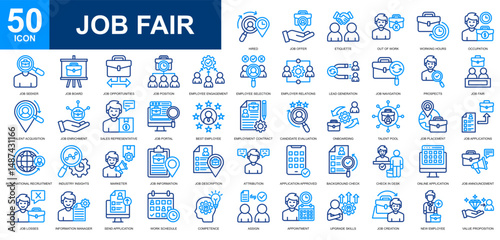 Job Fair icon set collection. Professions and jobs, job seeker, Job recruitment, hiring, events icon. Simple line color vector.