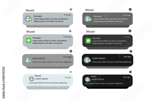 Push notifications icons. Message bubble icons. Notification template Message Interface. displaying alerts and messages on the screen. Vector.