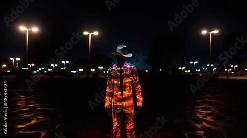 A lone figure stands in a deserted street, bathed in multicolored light from their neon-lit jacket and pants, surrounded by lampposts and trees in a blend of technology and nature.