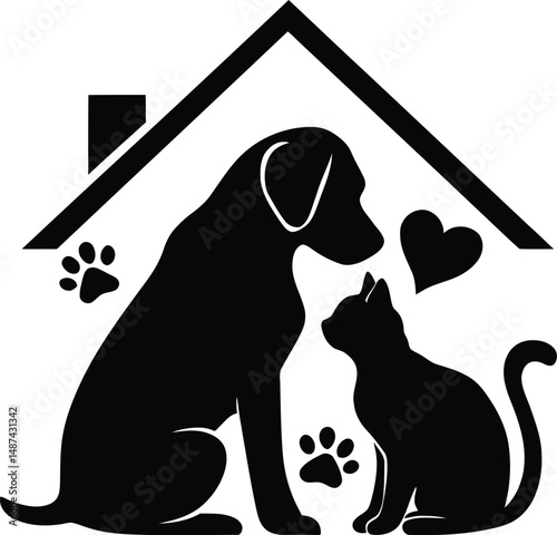 Minimalist Pet-Friendly Home Icon Featuring a Silhouette of a Dog and Cat Inside a House with Paw Prints and a Heart Symbol