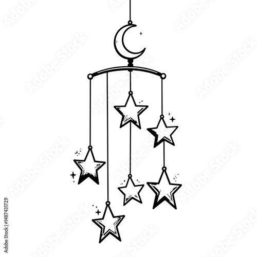 Dreamy mobile with stars and moon above crib, celestial decor
