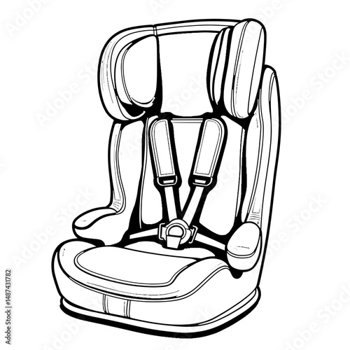 Detailed line art of car seat with safety straps, child safety