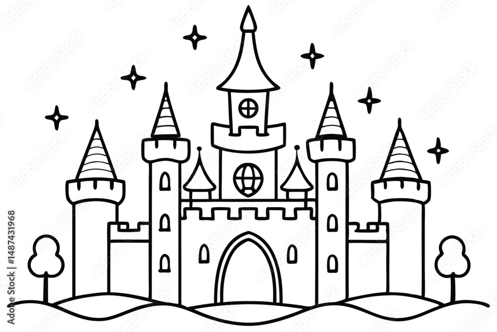 Black outlined fairytale castle under stars, featuring stylized trees and crenellated towers Black outlined fairytale castle under stars, featuring stylized trees and crenellated towers