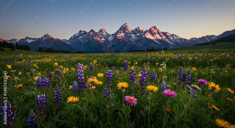 Majestic Sunrise Over Wildflower Meadow with Teton Range in Background Majestic Sunrise Over Wildflower Meadow with Teton Range in Background