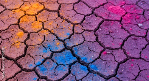 Cracked ground with vibrant color powder