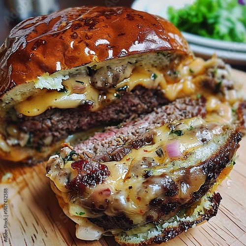 A cheeseburger with melted cheese and onions on a wooden plate.