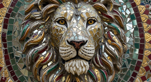 Mosaic Lion Head Sculpture Art