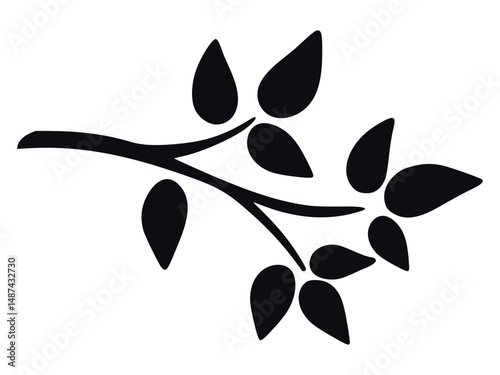 Lonely branch of deciduous tree clip art element. Black silhouette of leafy twig, vector