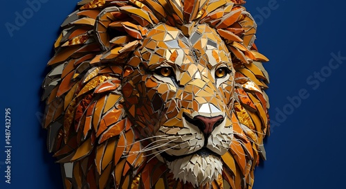 Mosaic Lion Head Against Blue Background