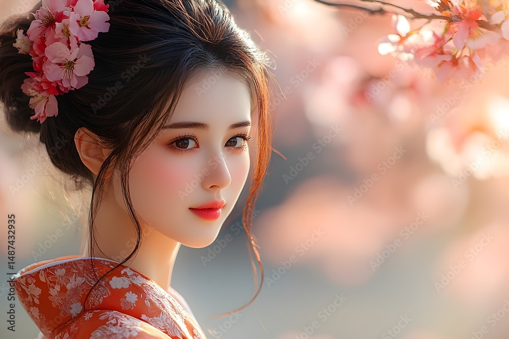 Fototapeta premium japanese woman wearing traditional kimono standing under cherry blossom trees in full bloom at serene spring atmosphere.