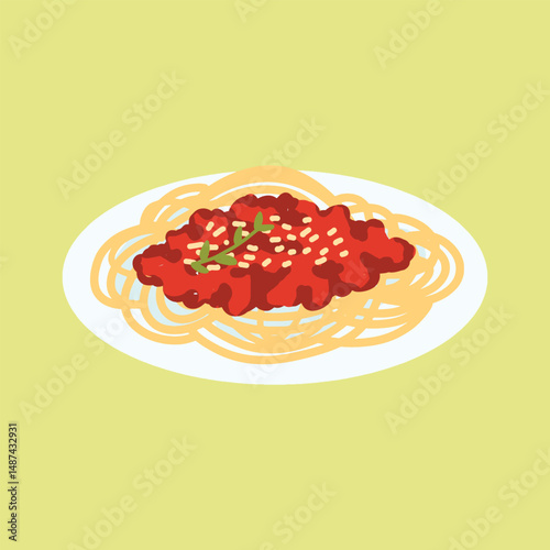 Spaghetti with tomato sauce and cheese on a plate.