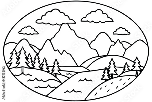 Black outlines depict a serene mountain landscape with trees and clouds in nature