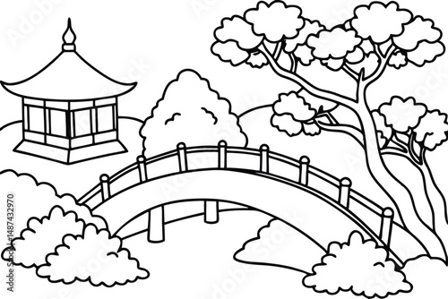 Black outlines show a pagoda near trees and arched bridge in the landscape