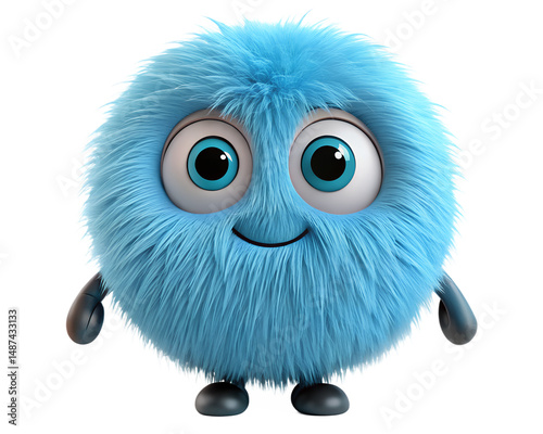 Fluffy blue cute monster character smiling high quality 3d rendering on transparent background