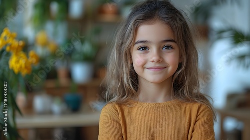 smiling young indian latina girl at minimalist home environment.