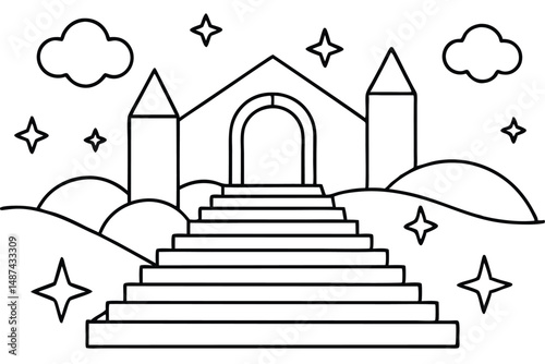 Bold outline shows steps ascending to a castle with clouds and stars