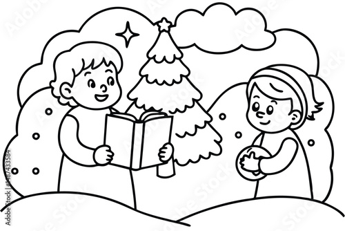 Boy reading aloud and a girl holding a bauble stand near a star topped fir