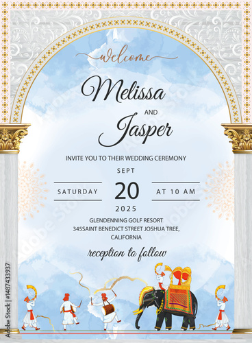 Indian Desi Punjabi Rajasthani Wedding invitation with Tress yellow Flowers Elephant bhangra band baja dhol. Vector file
