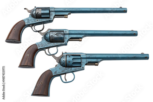 Three Old West Revolvers, Blue Finish, with Brown Wood Grips on Black Background.