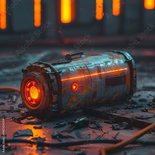 A battered battery lies discarded in a dystopian world, emitting a faint glow, a reminder of the transient nature of technology and the cycle of creation, use, and decay.