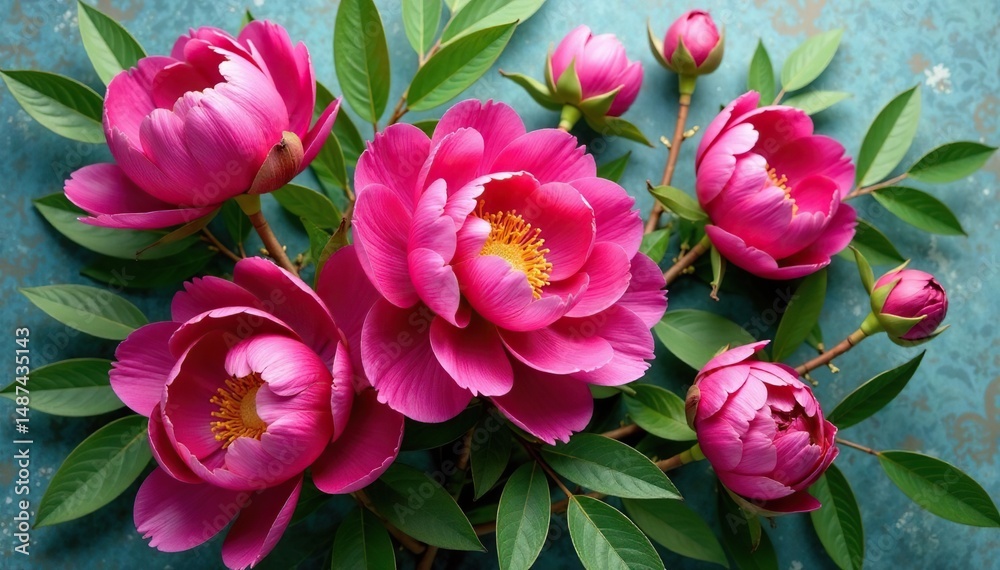 Obraz premium Bold fuchsia peonies, lush greenery, damask-style arrangement, graphic, rich