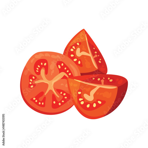 Vector illustration of sliced red tomatoes. Fresh, juicy, and vibrant food clipart suitable for menus, recipes, or healthy eating concepts.