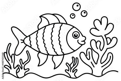Cartoon fish swims cheerfully among coral and bubbles, creating an underwater scene
