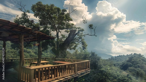 A serene outdoor setting with a wooden deck offering a clear view of the expansive sky and lush greenery, perfect for contemplation or quiet conversation.